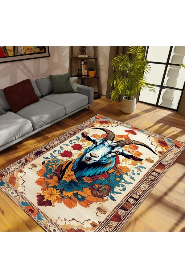 Keçi Desenli Dokuma Şönil Kilim Halı Yıkanabilir Salon Oturma Odası Mutfak Halısı