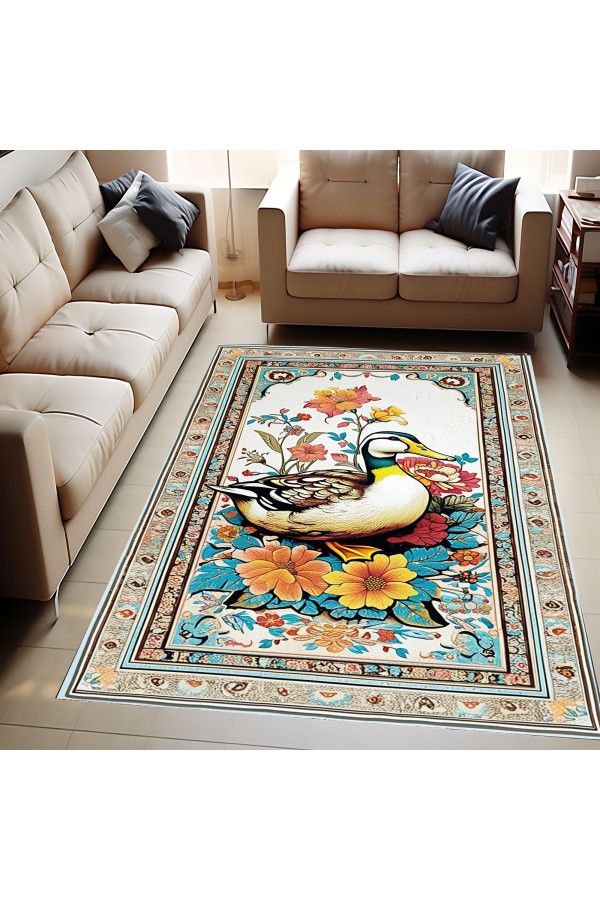 Sevimli Ördek Desenli Dokuma Şönil Kilim Halı Yıkanabilir Salon Oturma Odası Mutfak Halısı