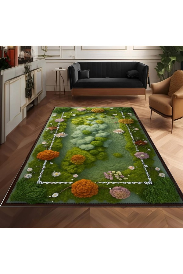 Moss Çimen Desenli Dokuma Şönil Kilim Halı Yıkanabilir Salon Oturma Odası Mutfak Halısı