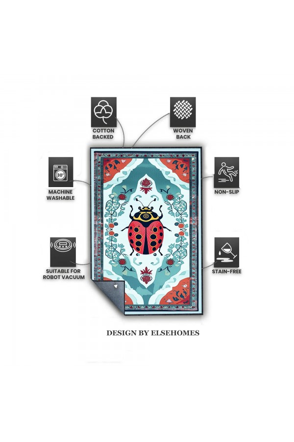Uğur Böceği Desenli Dokuma Şönil Kilim Halı Yıkanabilir Salon Oturma Odası Mutfak Halısı