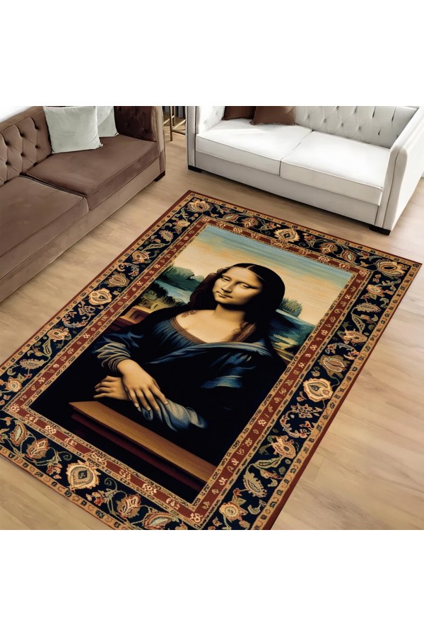 Monalisa Tablo Desenli Dokuma Şönil Kilim Halı Yıkanabilir Salon Oturma Odası Mutfak Halısı