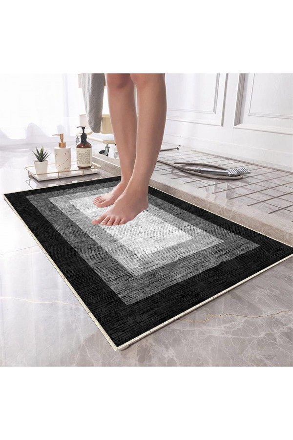 Gri Siyah Çizgi Desenli Tekli Banyo Paspas Halısı Kaymaz Yıkanabilir