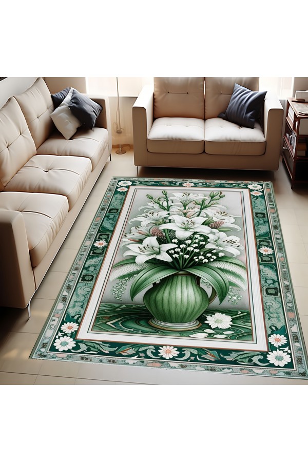 Yeşil Çiçek Desenli Dokuma Şönil Kilim Halı Yıkanabilir Salon Oturma Odası Mutfak Halısı