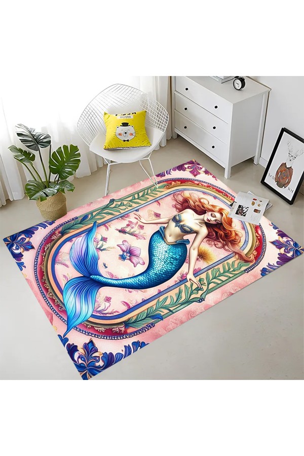 Deniz Kızı Desenli Dokuma Şönil Kilim Halı Yıkanabilir Salon Oturma Odası Çocuk Halısı