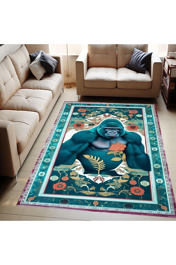 Goril Maymun Desenli Dokuma Şönil Kilim Halı Yıkanabilir Salon Oturma Odası Mutfak Halısı