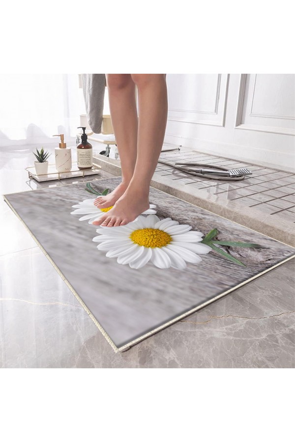 Gri Sarı Papatya Desenli Tekli Banyo Paspas Halısı Kaymaz Yıkanabilir