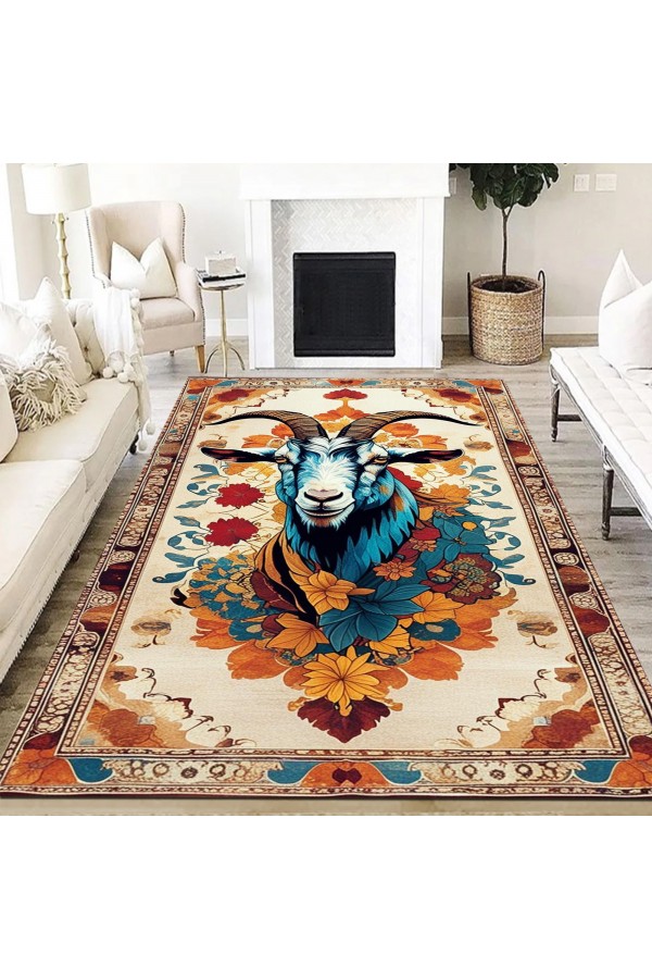 Keçi Desenli Dokuma Şönil Kilim Halı Yıkanabilir Salon Oturma Odası Mutfak Halısı