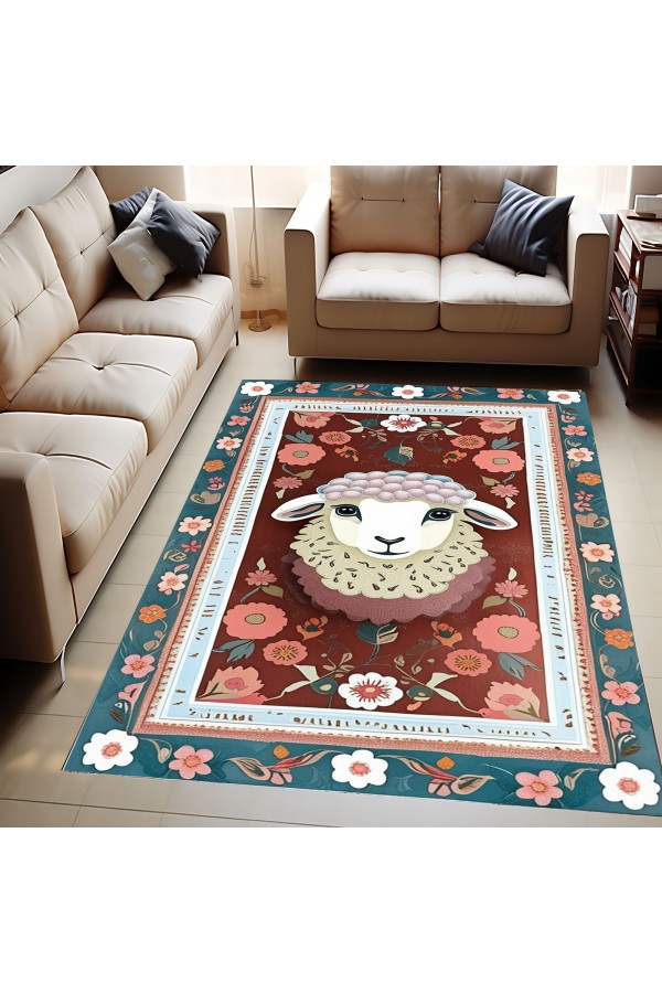 Sevimli Kuzu Desenli Dokuma Şönil Kilim Halı Yıkanabilir Salon Oturma Odası Mutfak Çocuk Halısı