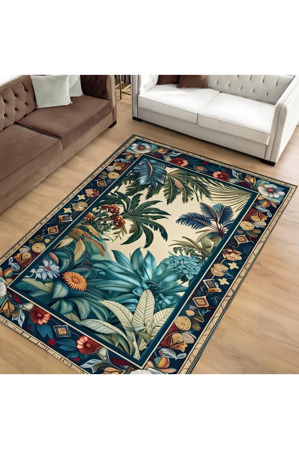 Tropik Orman Desenli Dokuma Şönil Kilim Halı Yıkanabilir Salon Oturma Odası Mutfak Halısı