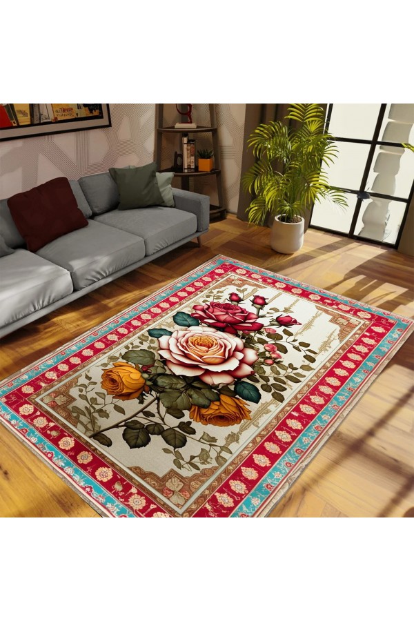 Renkli Retro Çiçek Desenli Dokuma Şönil Kilim Halı Yıkanabilir Salon Oturma Odası Mutfak Halısı
