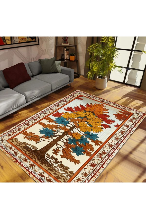 Sonbahar Ağaç Desenli Dokuma Şönil Kilim Halı Yıkanabilir Salon Oturma Odası Mutfak Halısı Sonbahar Ağaç Desenli Dokuma Şönil Kilim Halı Yıkanabilir Salon Oturma Odası Mutfak Halısı