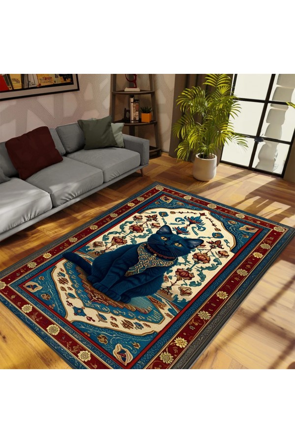 Gotik Kedi Desenli Dokuma Şönil Kilim Halı Yıkanabilir Salon Oturma Odası Mutfak Halısı