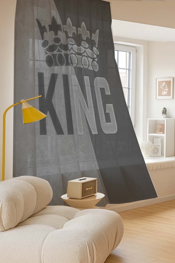 King Kral Gri Desenli Dijital Baskı Fon Perde Salon Mutfak Yatak Odası 140x260cm