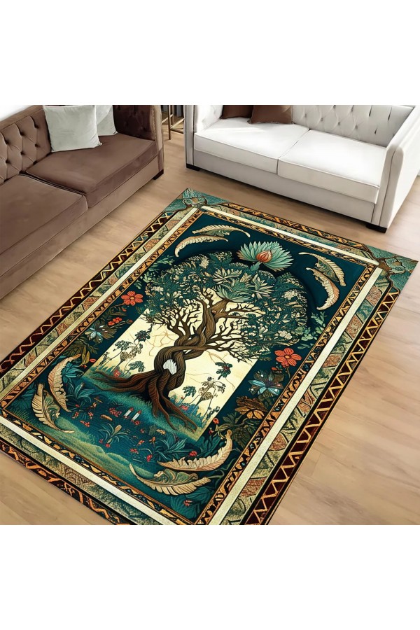 Yaşam Ağacı Desenli Dokuma Şönil Kilim Halı Yıkanabilir Salon Oturma Odası Mutfak Halısı