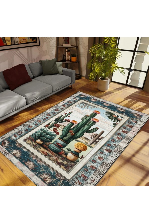 Kaktüs Vahşi Batı Desenli Dokuma Şönil Kilim Halı Yıkanabilir Salon Oturma Odası Mutfak Halısı