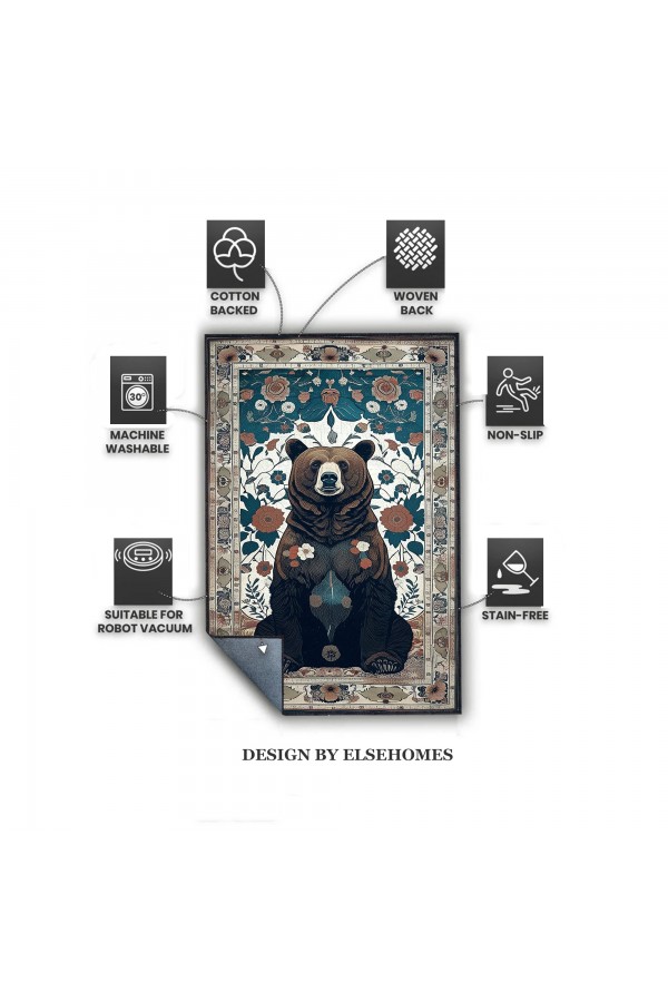 Ayı Avcı Temalı Desenli Dokuma Şönil Kilim Halı Yıkanabilir Salon Oturma Odası Mutfak Halısı