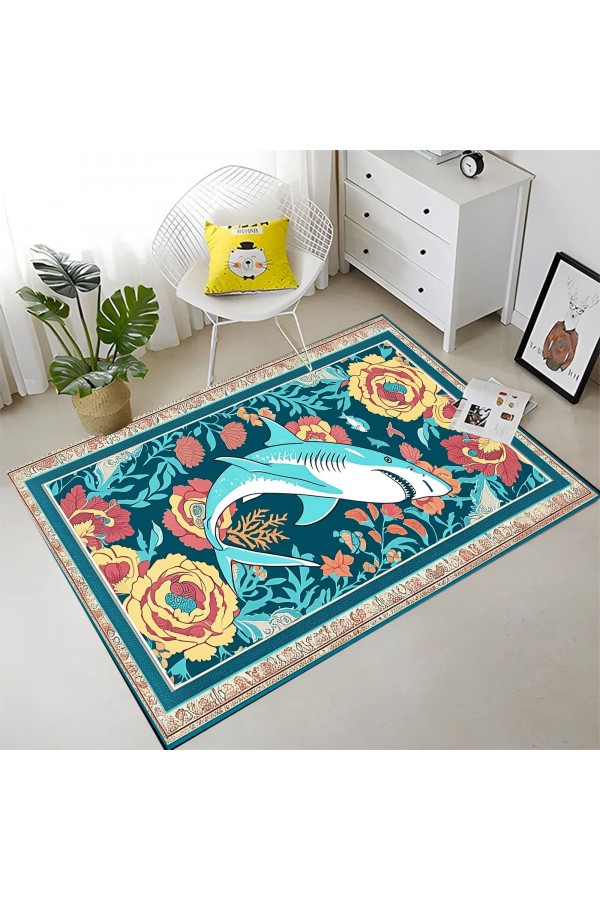 Köpek Balığı Retro Desenli Dokuma Şönil Kilim Halı Yıkanabilir Salon Oturma Odası Mutfak Halısı