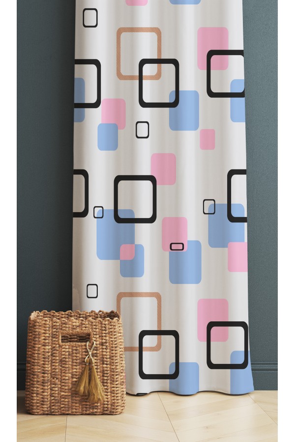 Mavi Pembe Geometrik Desenli Dijital Baskı Fon Perde 140x260cm