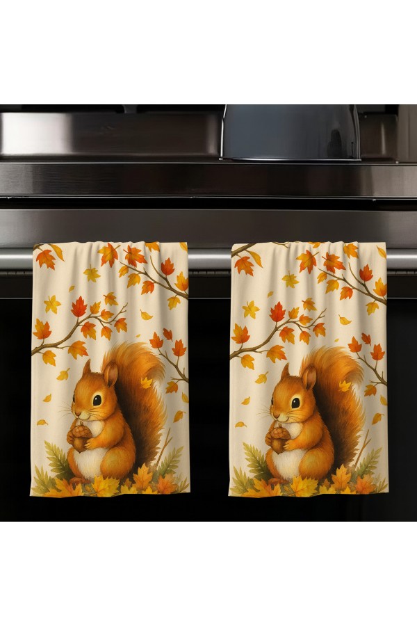 Sonbahar Sincap Desenli 2 li Set Dekoratif Yıkanabilir Pamuklu Mutfak Fırın El Havlusu 35x50 cm