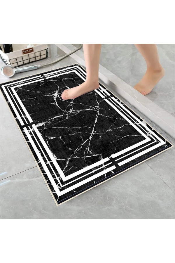 Mavi Sarı Karolar Desenli Tekli Banyo Paspas Halısı Kaymaz Yıkanabilir