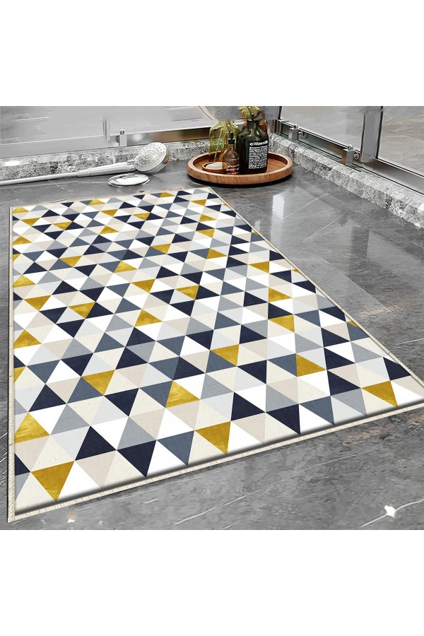 Sarı Bordür Desenli Tekli Banyo Paspas Halısı Kaymaz Yıkanabilir