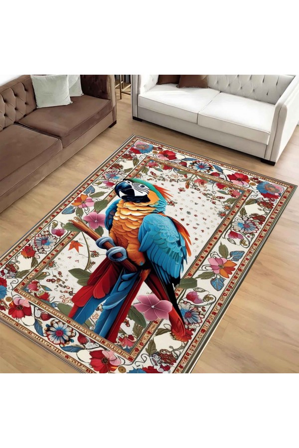 Renkli Papağan Desenli Dokuma Şönil Kilim Halı Yıkanabilir Salon Oturma Odası Mutfak Halısı