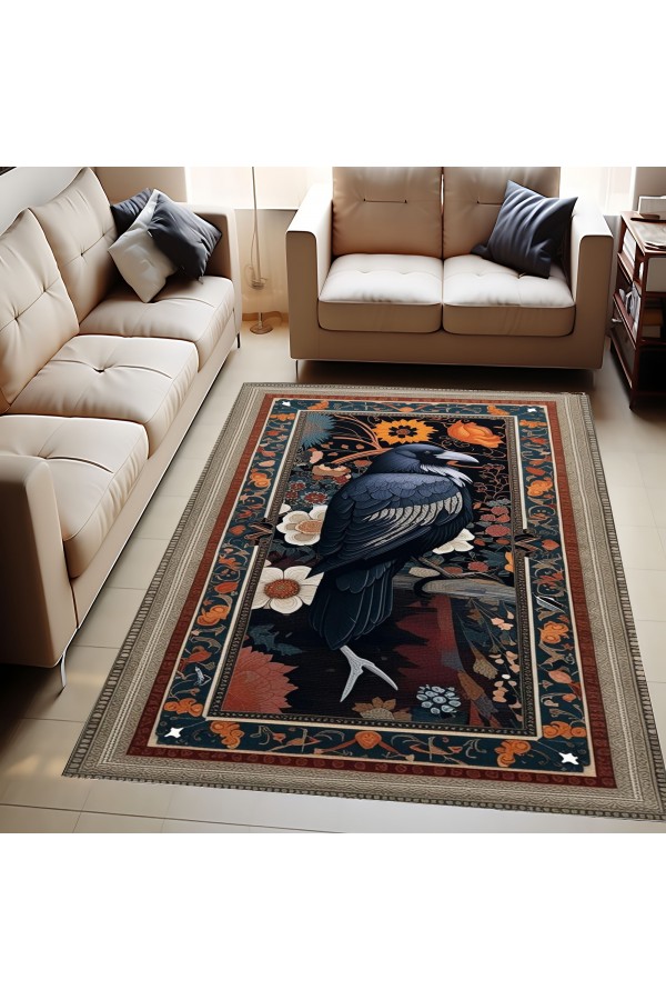 Gotik Kuzgun Karga Desenli Dokuma Şönil Kilim Halı Yıkanabilir Salon Oturma Odası Mutfak Halısı
