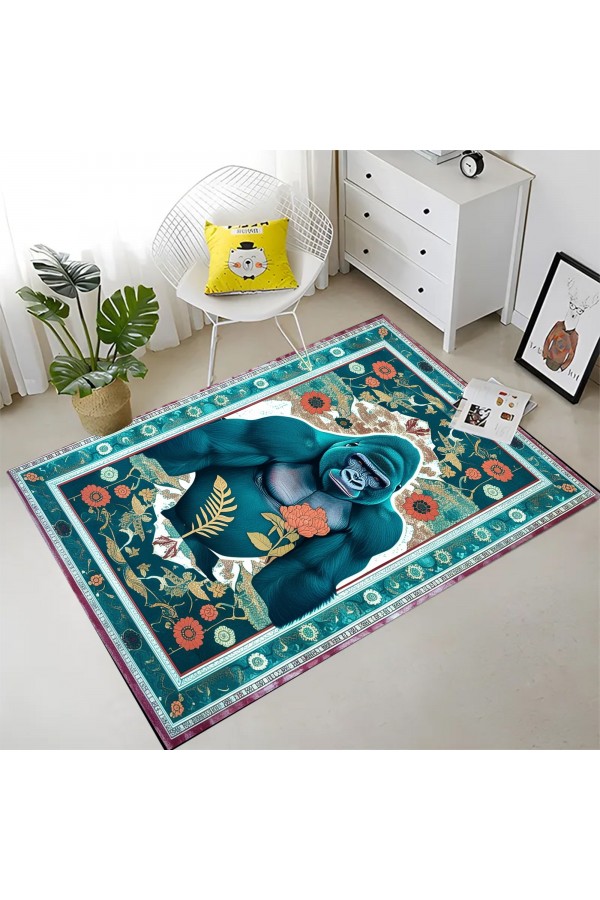 Goril Maymun Desenli Dokuma Şönil Kilim Halı Yıkanabilir Salon Oturma Odası Mutfak Halısı