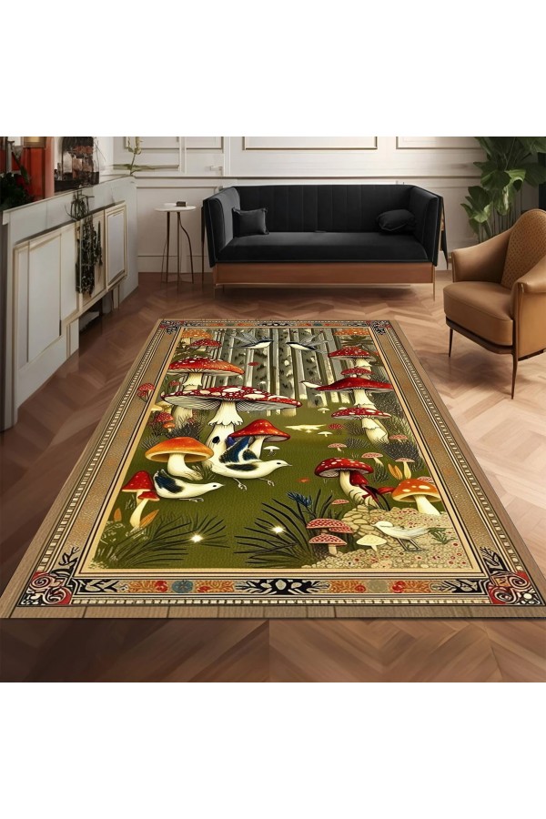 Mantar Orman Desenli Dokuma Şönil Kilim Halı Yıkanabilir Salon Oturma Odası Mutfak Halısı
