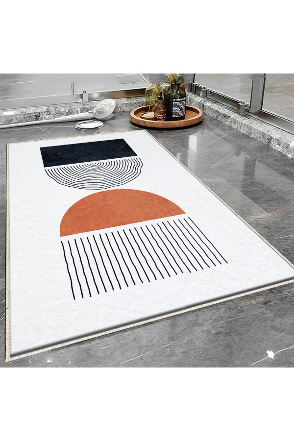 Turuncu Siyah Geometrik Desenli Tekli Banyo Paspas Halısı Kaymaz Yıkanabilir
