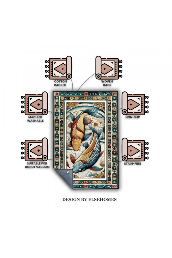 Renkli Balık Desenli Dokuma Şönil Kilim Halı Yıkanabilir Salon Oturma Odası Mutfak Halısı