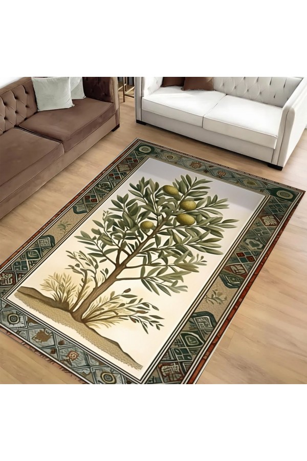 Zeytin Ağacı Desenli Dokuma Şönil Kilim Halı Yıkanabilir Salon Oturma Odası Mutfak Halısı