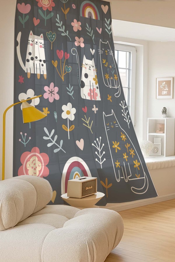 Mistik Kedili Desenli Dijital Baskı Fon Perde Salon Mutfak Yatak Odası 140x260cm