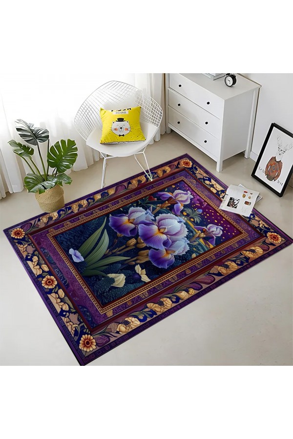 Mor Çiçek Desenli Dokuma Şönil Kilim Halı Yıkanabilir Salon Oturma Odası Mutfak Halısı