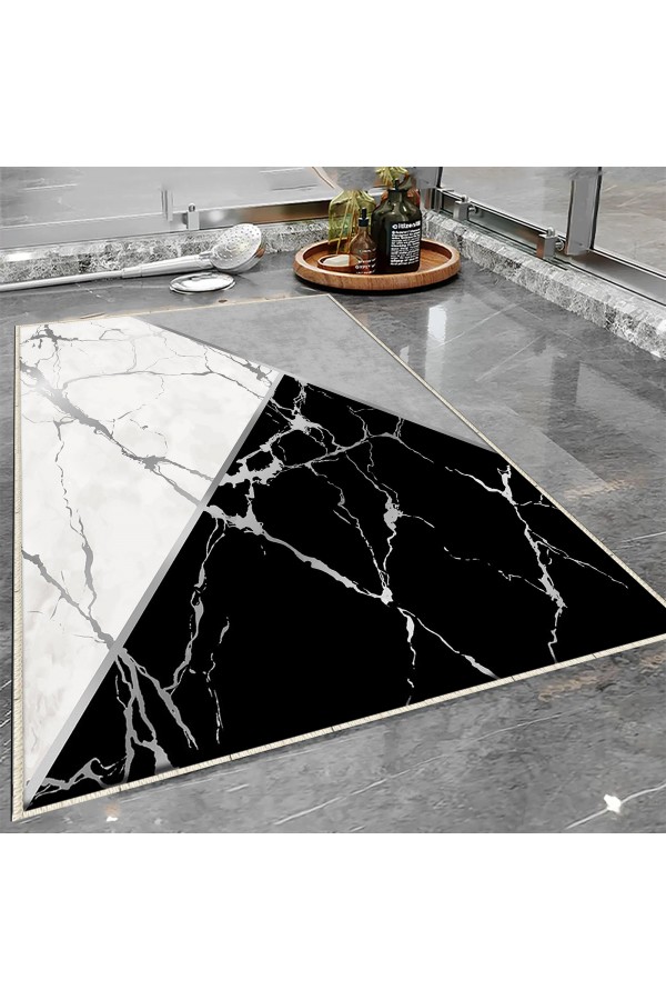 Gri Siyah Karolar Desenli Tekli Banyo Paspas Halısı Kaymaz Yıkanabilir