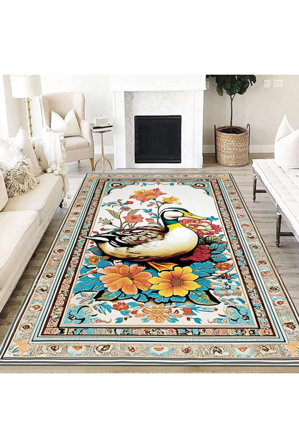 Sevimli Ördek Desenli Dokuma Şönil Kilim Halı Yıkanabilir Salon Oturma Odası Mutfak Halısı