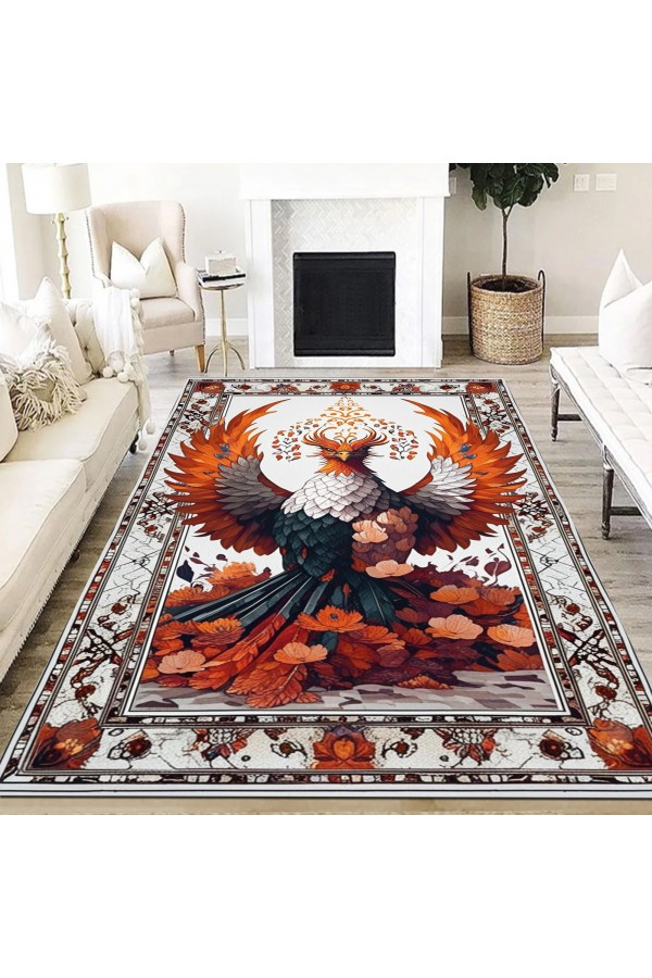 Turuncu Anka Kuşu Desenli Dokuma Şönil Kilim Halı Yıkanabilir Salon Oturma Odası Mutfak Halısı