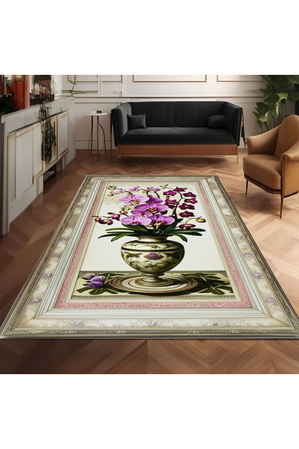Mor Orkide Desenli Dokuma Şönil Kilim Halı Yıkanabilir Salon Oturma Odası Mutfak Halısı