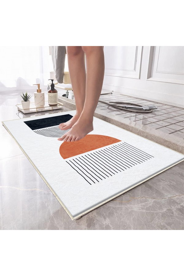 Turuncu Siyah Geometrik Desenli Tekli Banyo Paspas Halısı Kaymaz Yıkanabilir