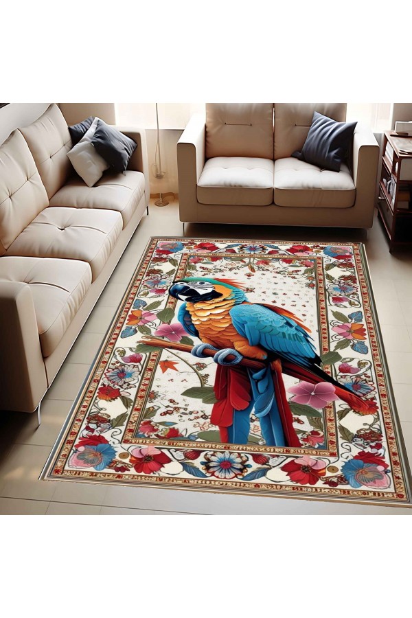 Renkli Papağan Desenli Dokuma Şönil Kilim Halı Yıkanabilir Salon Oturma Odası Mutfak Halısı