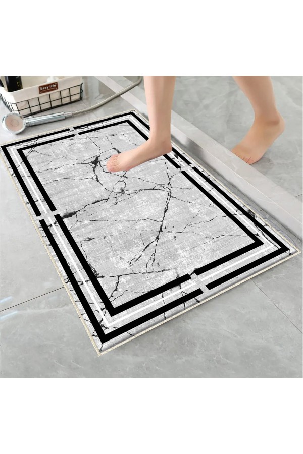 Siyah Beyaz Çizgi Desenli Tekli Banyo Paspas Halısı Kaymaz Yıkanabilir