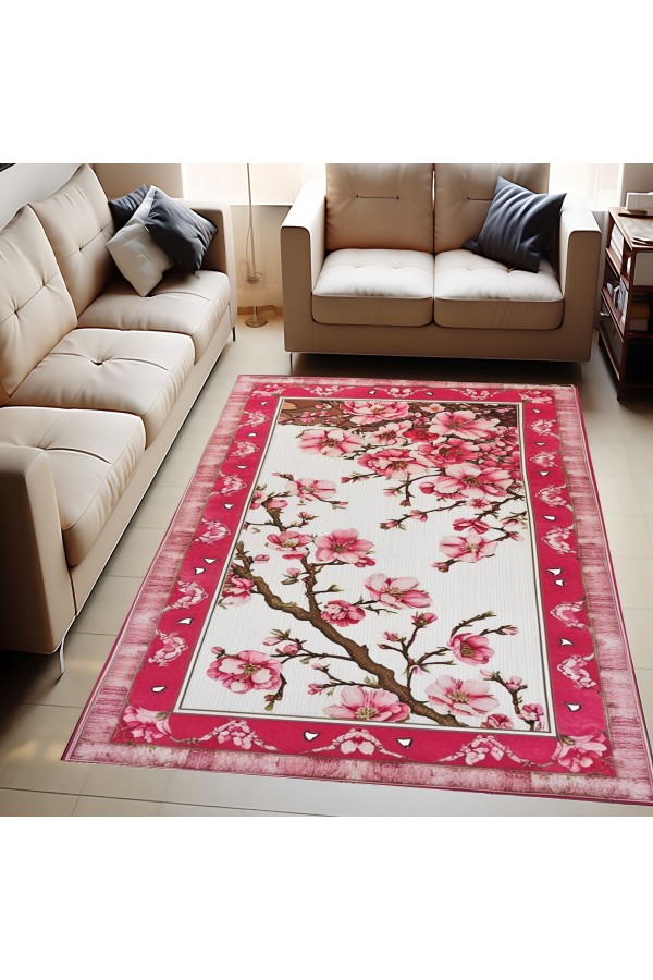 Pembe Sakura Ağaç Çiçek Desenli Dokuma Şönil Kilim Halı Yıkanabilir Salon Oturma Odası Mutfak Halısı