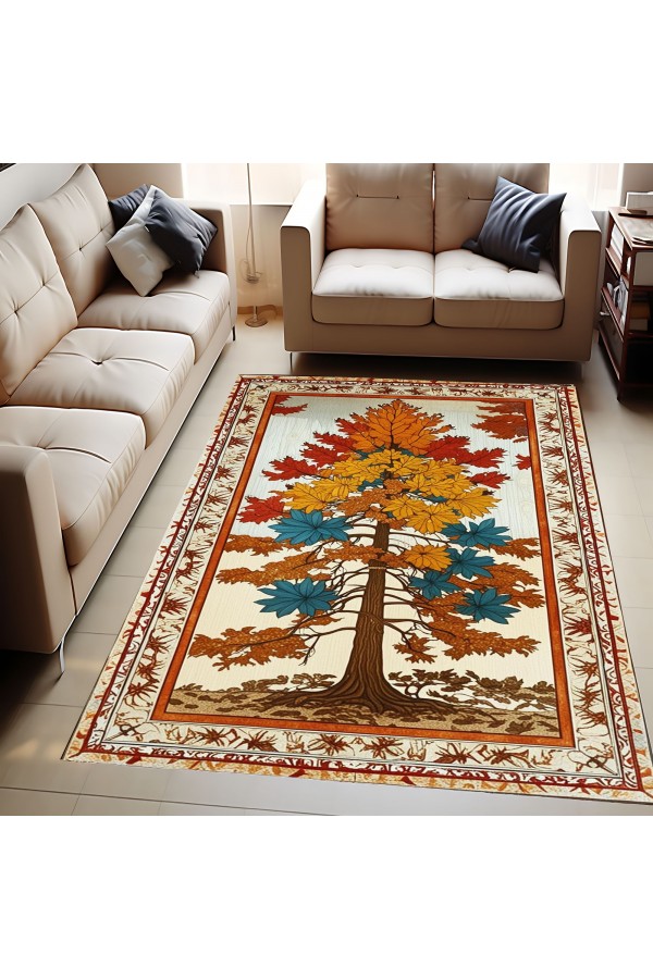 Sonbahar Ağaç Desenli Dokuma Şönil Kilim Halı Yıkanabilir Salon Oturma Odası Mutfak Halısı Sonbahar Ağaç Desenli Dokuma Şönil Kilim Halı Yıkanabilir Salon Oturma Odası Mutfak Halısı
