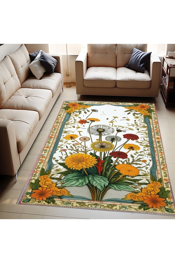 Karahindiba Çiçek Desenli Dokuma Şönil Kilim Halı Yıkanabilir Salon Oturma Odası Mutfak Halısı