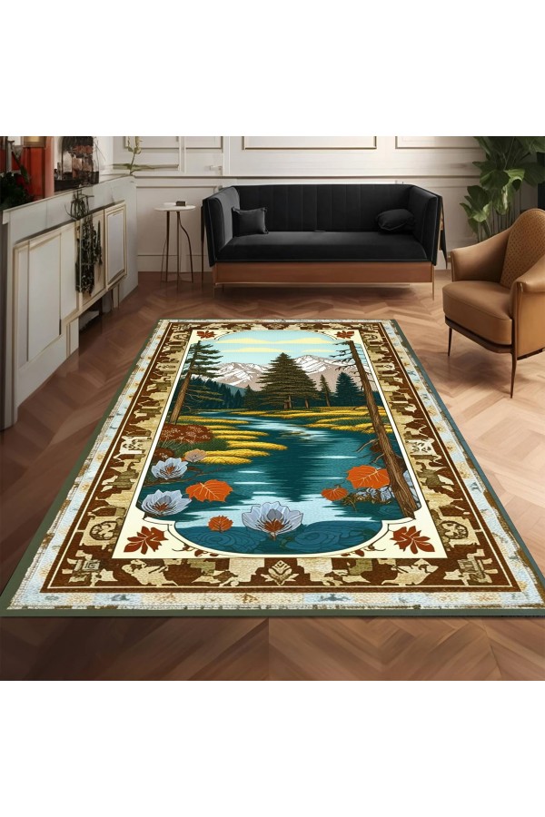 Manzara Ağaç Desenli Dokuma Şönil Kilim Halı Yıkanabilir Salon Oturma Odası Mutfak Halısı