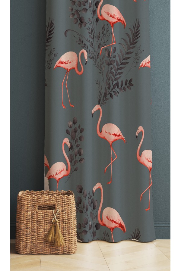 Pembe Flamingo Gri Desenli Dijital Baskı Fon Perde 140x260cm