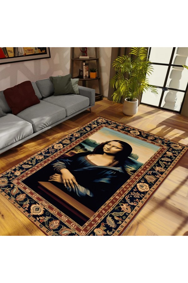 Monalisa Tablo Desenli Dokuma Şönil Kilim Halı Yıkanabilir Salon Oturma Odası Mutfak Halısı