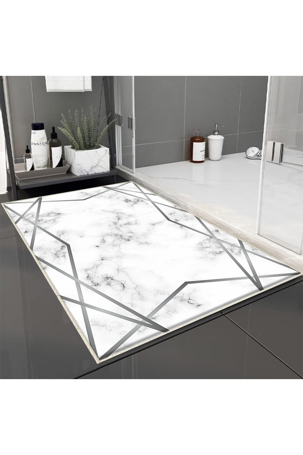 Sarı Çizgi Mermer Desenli Tekli Banyo Paspas Halısı Kaymaz Yıkanabilir