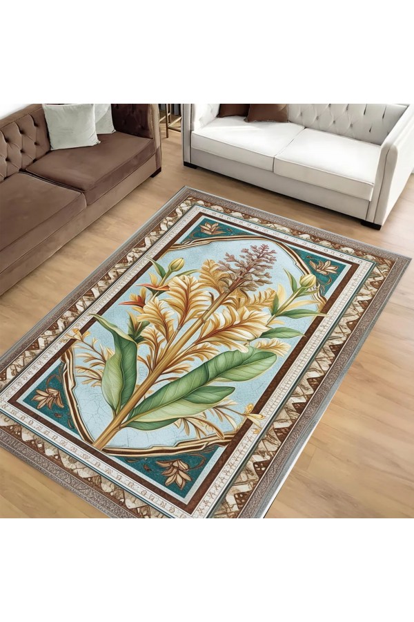Retro Sarı Çiçek Desenli Dokuma Şönil Kilim Halı Yıkanabilir Salon Oturma Odası Mutfak Halısı