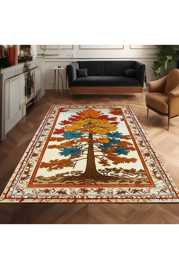 Sonbahar Ağaç Desenli Dokuma Şönil Kilim Halı Yıkanabilir Salon Oturma Odası Mutfak Halısı Sonbahar Ağaç Desenli Dokuma Şönil Kilim Halı Yıkanabilir Salon Oturma Odası Mutfak Halısı